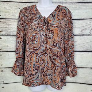 Cato Women’s Paisley Print Tie Neck Blouse L Boho Chic Long Sleeve Button Front